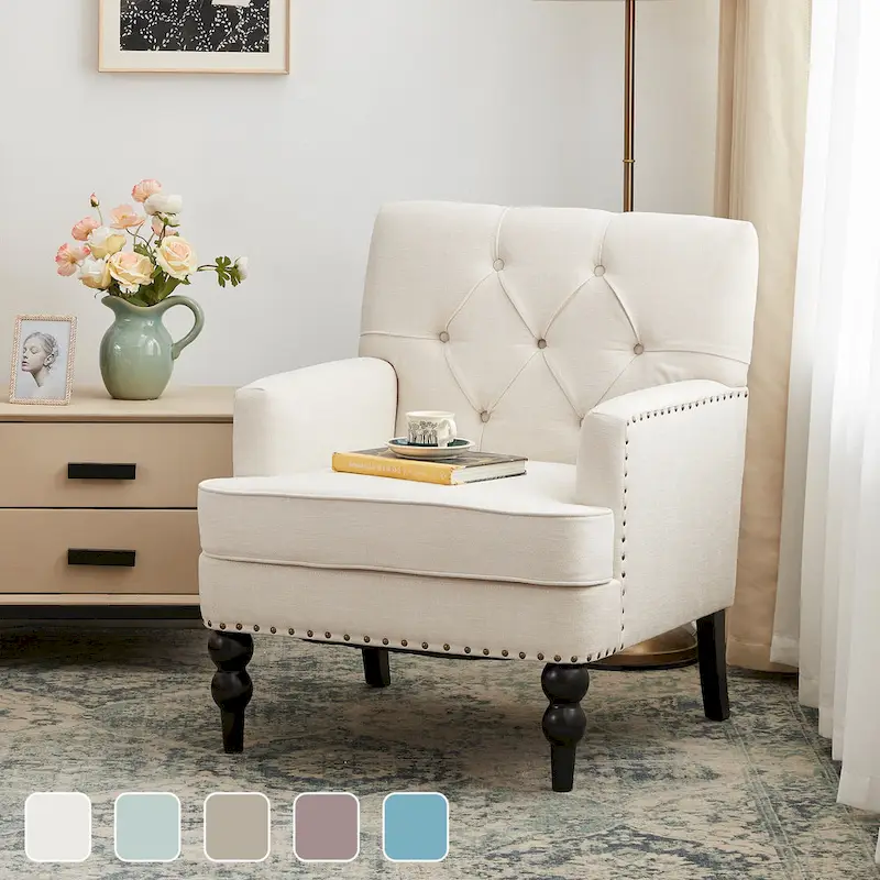 HUIMO Arm Chair Upholstered Button Tufted Accent Chair with Lumbar Pillow Beige/ Grey/ Light Blue/Brown
