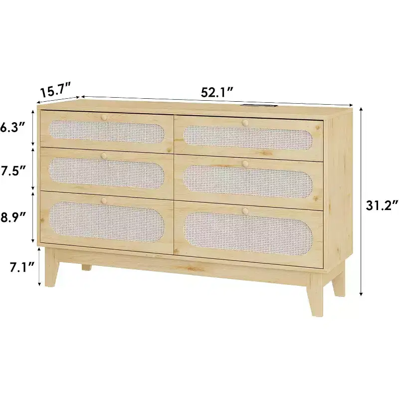 6 Rattan Large Storage Drawer Dresser, with USB Ports and Outlets, 6 Chests of Drawers Storage for Bedroom, Living Room,Hallway,Oak