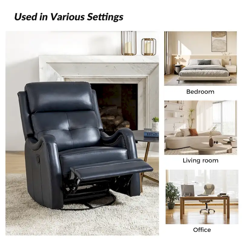 Genuine Leather Swivel Rocker Recliner with Nailhead Trims by