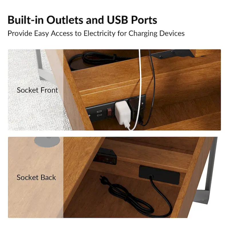 Alfons Industrial L-shaped Lift Top Cane Executive Office Desk with Drawers and Built-In Outlets