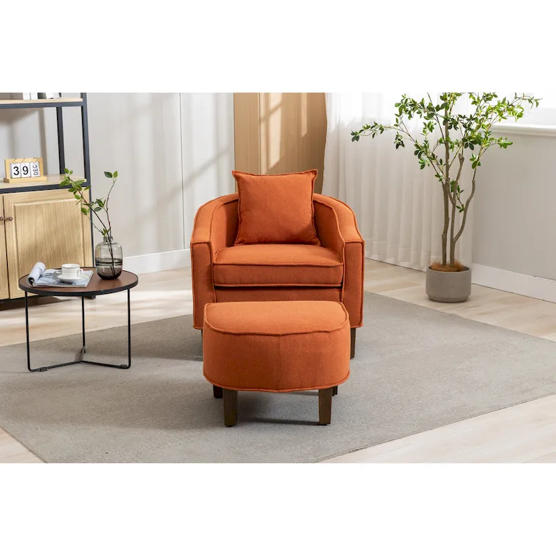 Mid-Century Upholstered Barrel Accent Round Arm Chair with Ottoman