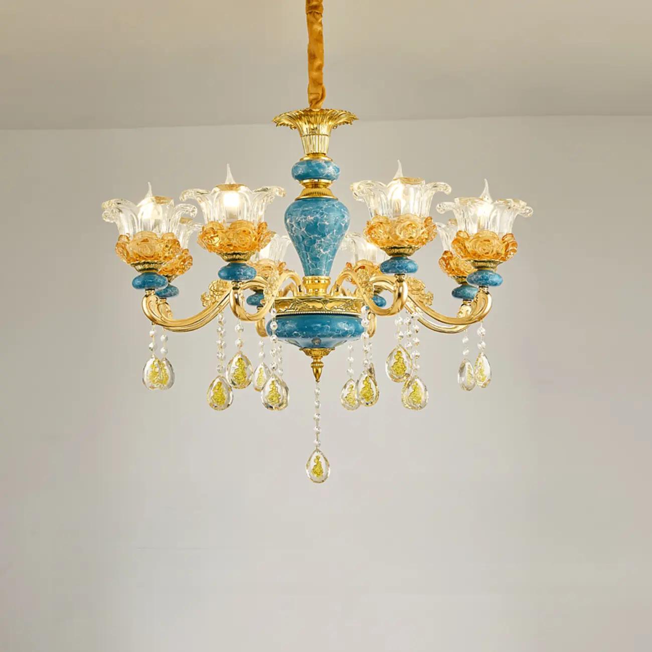 Large Luxury Brass Flower Shape Clear Glass Chandelier