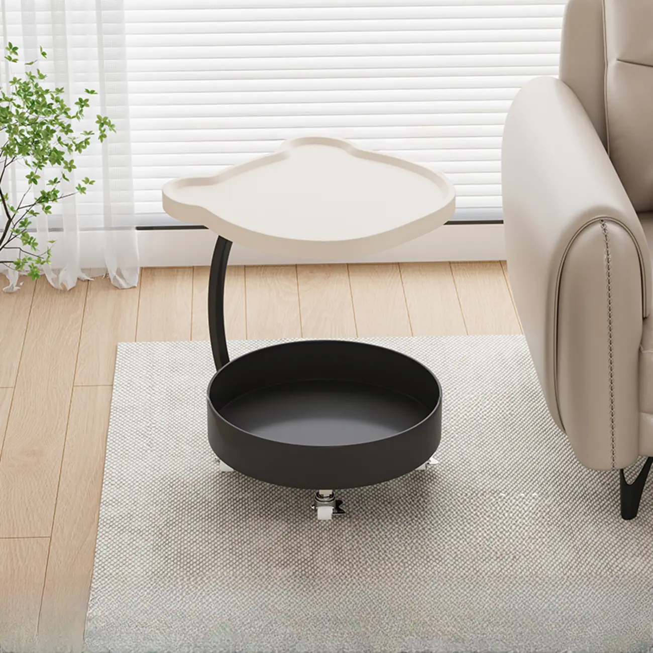 Vintage Round Side Table with Wheels and Storage