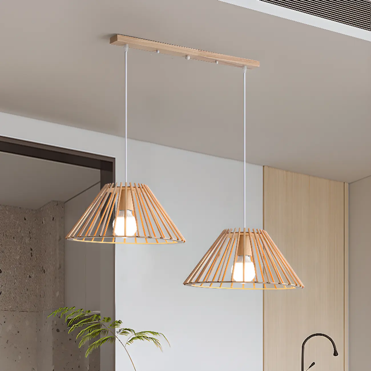 Glass Shade Wood Kitchen Island Pendant Light Adjustable Length