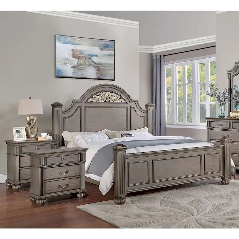 Vame 3-Piece Traditional Grey Wood Poster Bedroom Set With Two Nightstands by Furniture of America