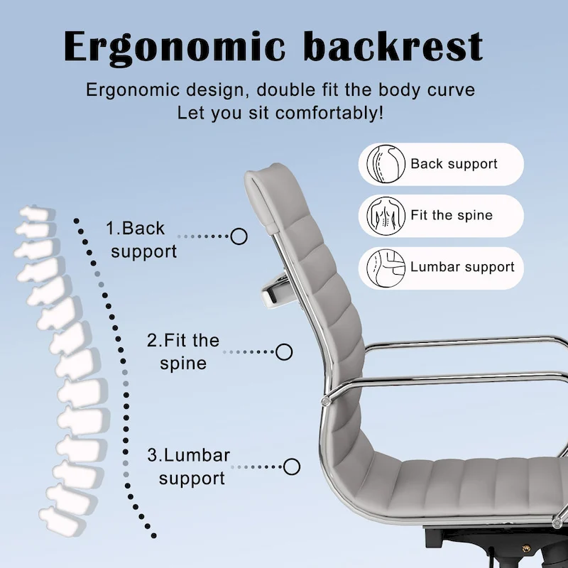 Ribbed Leatherite Office Chair with Chrome Frame, L-Shaped Arms and Swivel Base – Grey / White / Terracotta / Green / Brown / Black / Navy Blue / Gold & Navy Blue / Gold & Black / Gold & White, for 1 Person