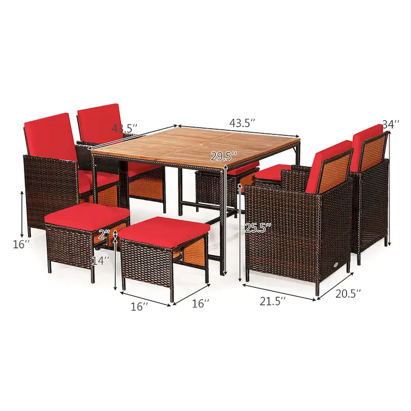 Costway 9PCS Patio Rattan Dining Set Cushioned Chairs Ottoman Wood - See Details