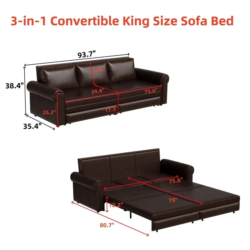 3-in-1 Chesterfield Sofa Bed, King Pull Out Sofa Bed, Velvet/Faux Leather Convertible Sleeper Sofa w/ Nailhead Trim & Rolled Arm