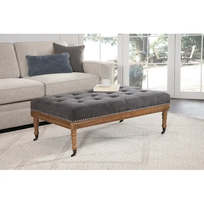 Diamond Tufted Ottoman with Nail Trim & Casters, Polyester, Wood Frame, 48"W x 29"D x 18"H, 3 Colors