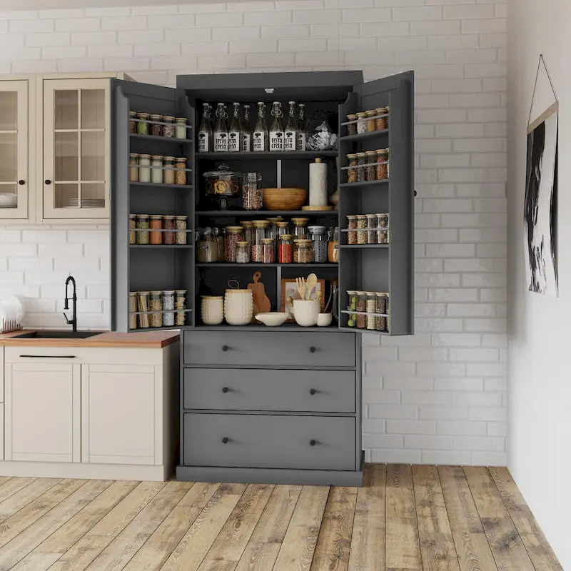 Kitchen Pantry Cabinet with 8 Doors Shelves, Wood Storage Cabinet with 3 Storage Drawers, Cupboard with Adjustable Shelves