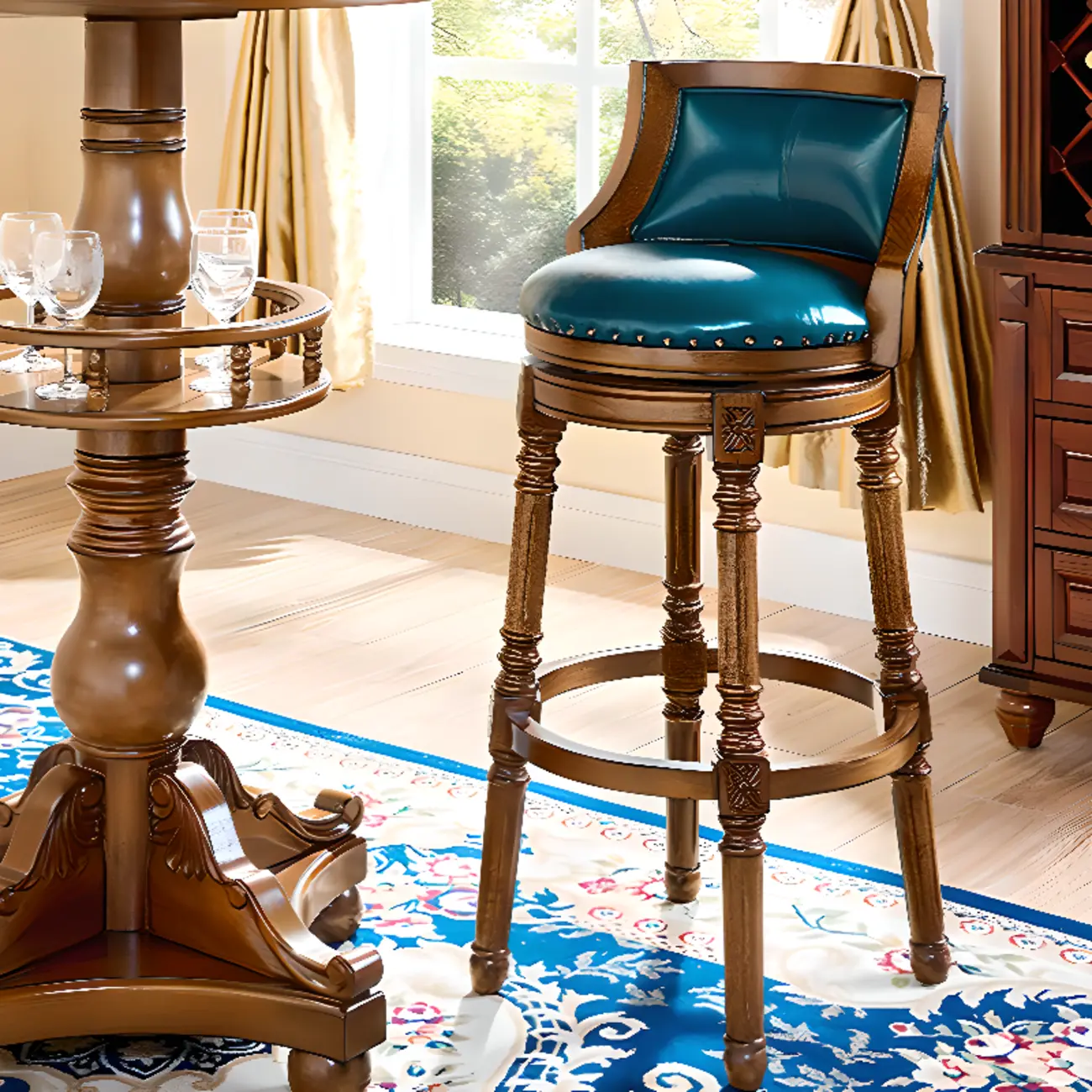 Traditional Blue Faux Leather Swivel Round Bar Stools