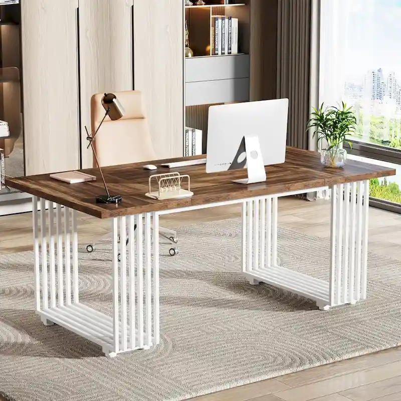 70.9 Modern Office Desk Wood Computer Desk, White Gold Executive Desk