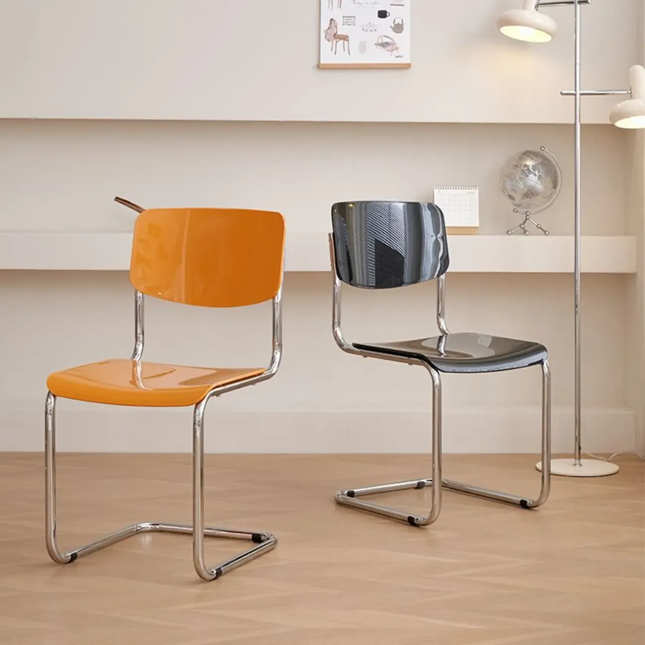 Simple Metal Armless Dining Chair in Yellow Solid Back