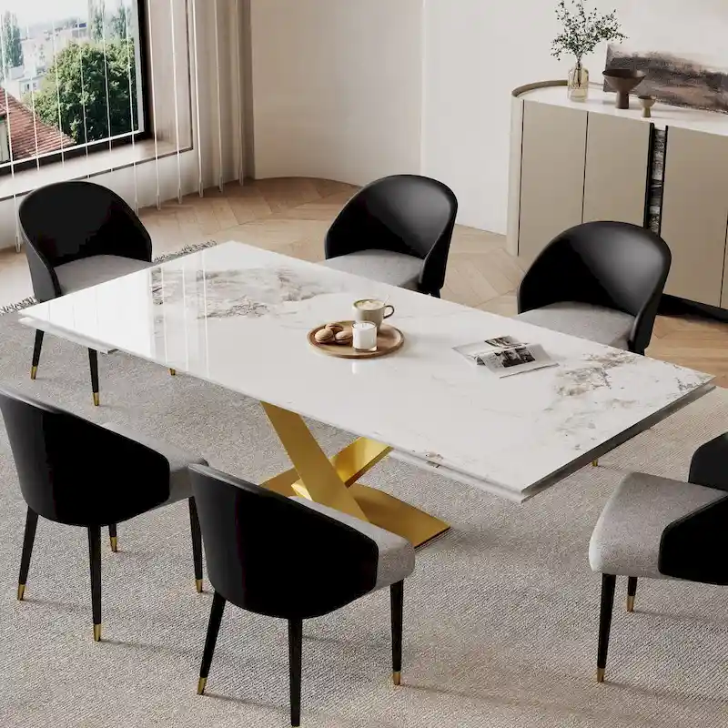 9 - Piece 94.48 Rectangular Extendable Sintered Stone Dining Table with 8 Faux leather Chairs Dining Set