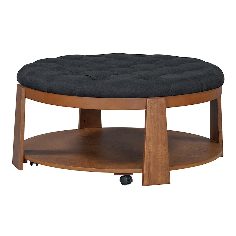 36 Round Button Tufted Upholstered Coffee Table with Wood Shelf and Wheel