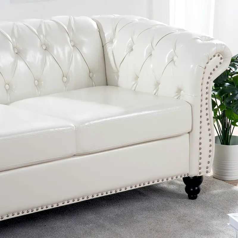 White 84.65  Chesterfield PU Leather 3-Seater Sofa with Button Tufted Backrest