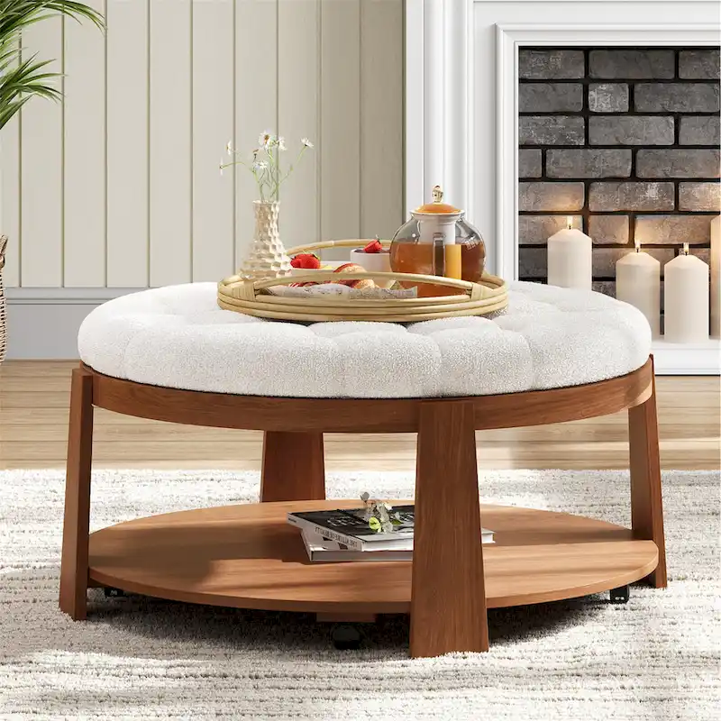 36 Round Button Tufted Upholstered Coffee Table with Wood Shelf and Wheel