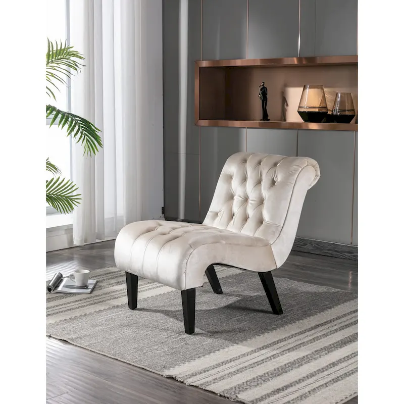 Beige Velvet Accent Chair with Button Tufting and Wooden Legs