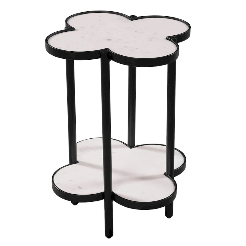 Chloe Side End Table, White Genuine Marble Clover Shape Top With Black Iron Frame