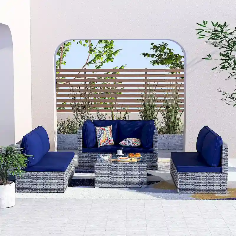 7-Piece Wicker Patio Conversation Set with Cushions and Glass Table