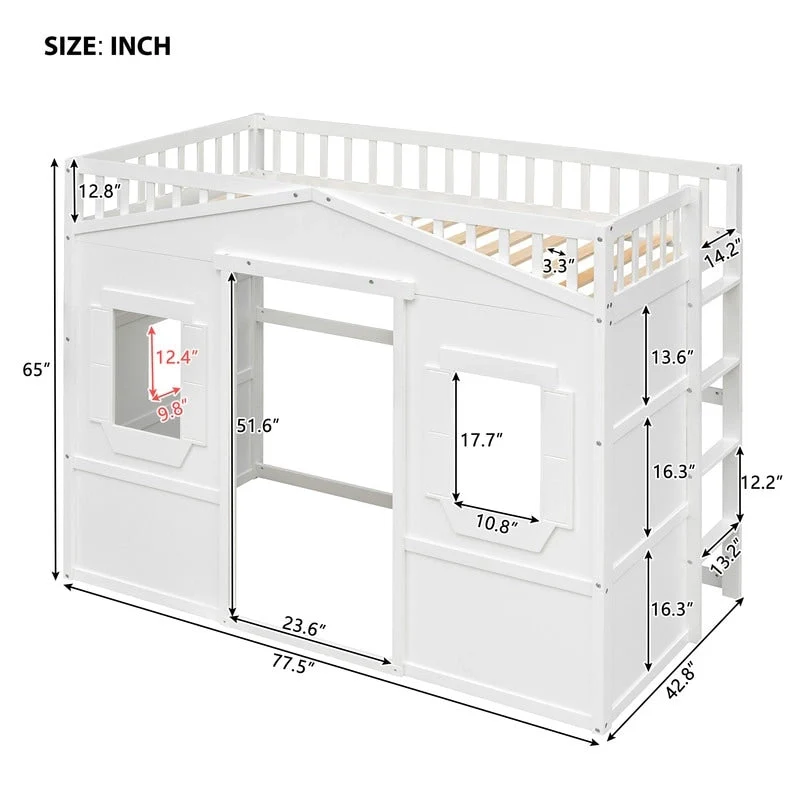 House Loft Bed Twin Kids Playhouse Bed, Solid Wood Loft Bed Frame with Window and Ladder