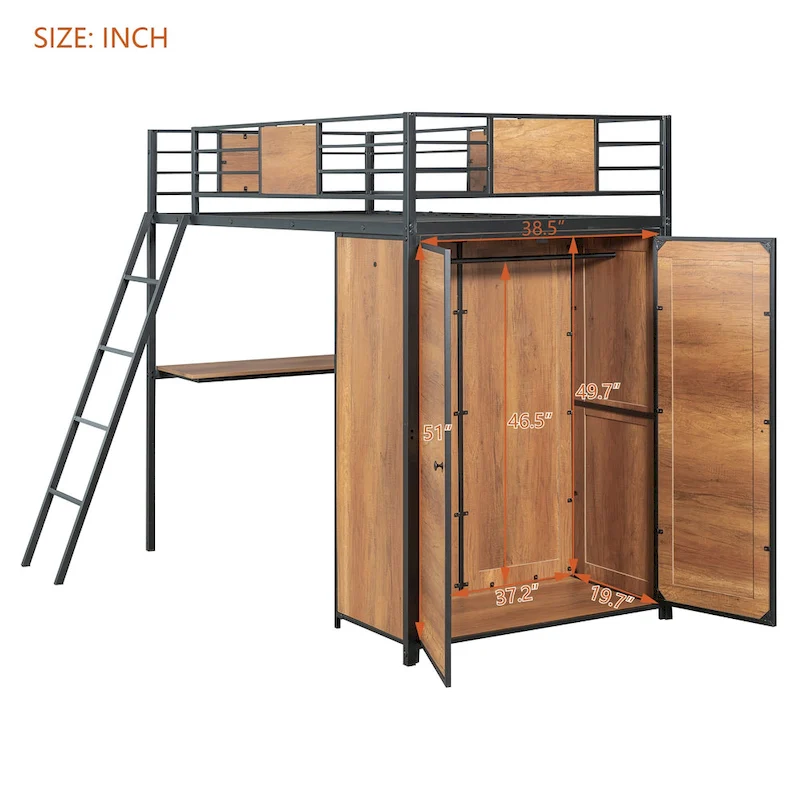 Black Twin Metal Wood Loft Bed with L-shape Desk