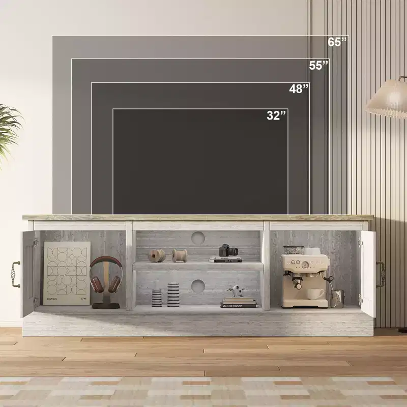 Farmhouse TV Stand for 65 Inch TVs, Media Console, Living Room or Office Entertainment Center with 2 Storage Cabinets and Open Shelves