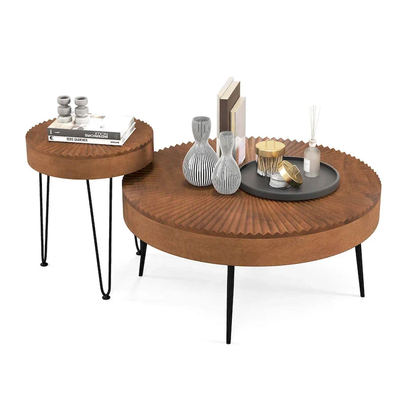 Farmhouse Round Coffee Table End Table Natural Finish