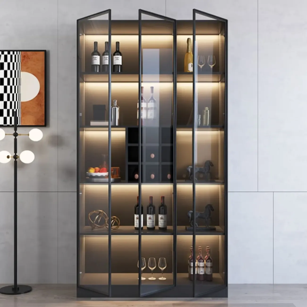 Minimalist Black Wooden Wine Rack Cabinet with Glass Door