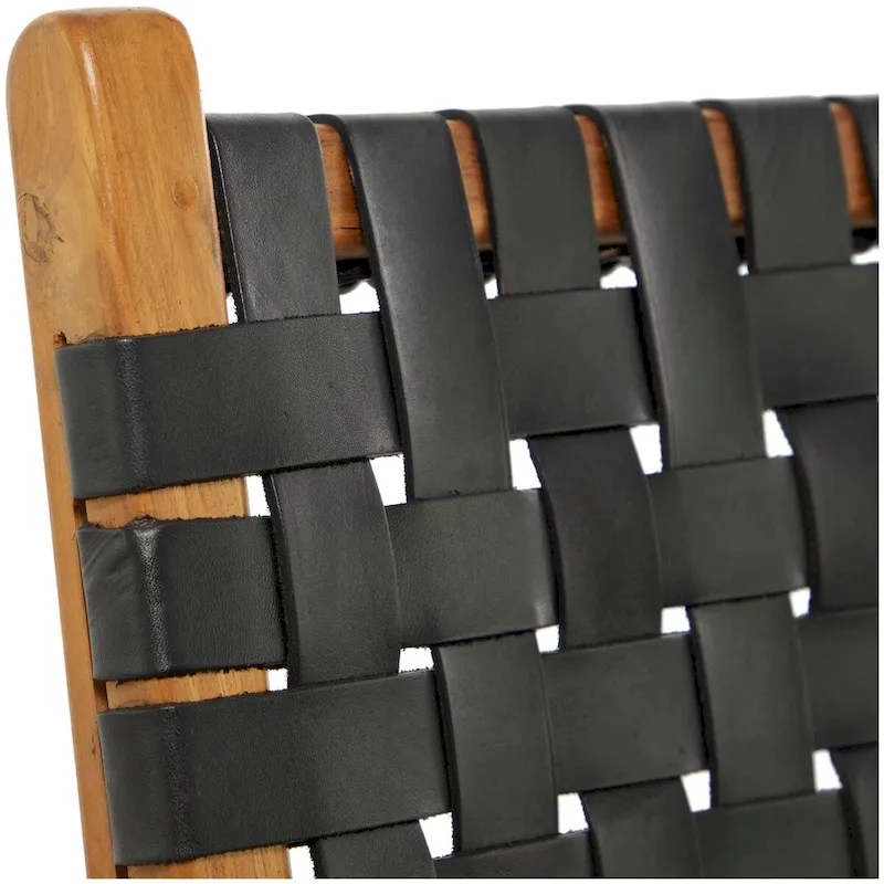 Woven Leather Dining Chairs with Teak Wood Frame - Set of 2