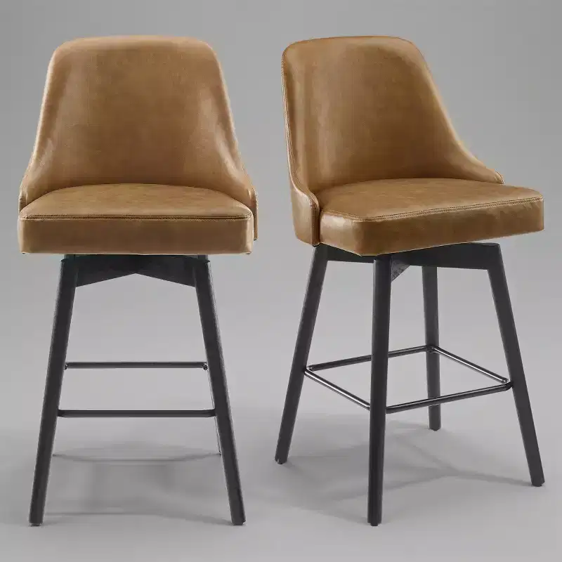 Upholstered Swivel Counter Barstool, Wood Frame, Set of 2