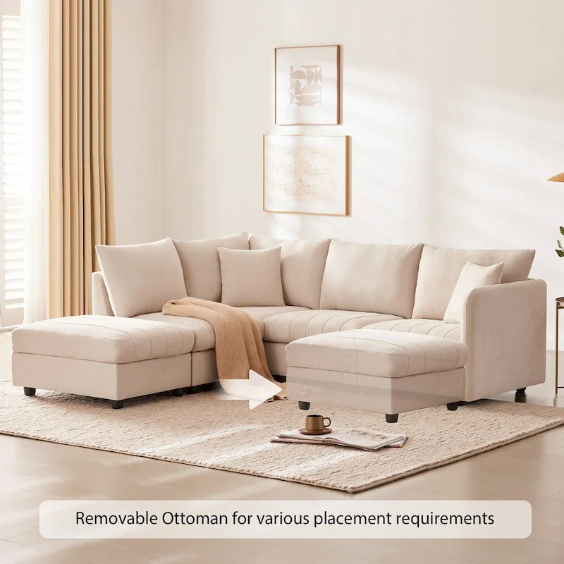 Modern 5-Seat L-Shape Sectional Sofa with Vertical Stripes, 2 Pillows, Convertible Ottoman