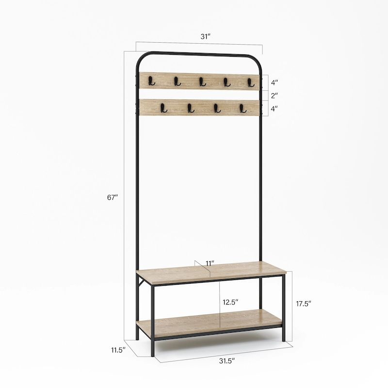 Lotus Home Oak Color Hall Tree 32 Wide with Bench and Shoe Storage - 31.5*11.5*67 inches