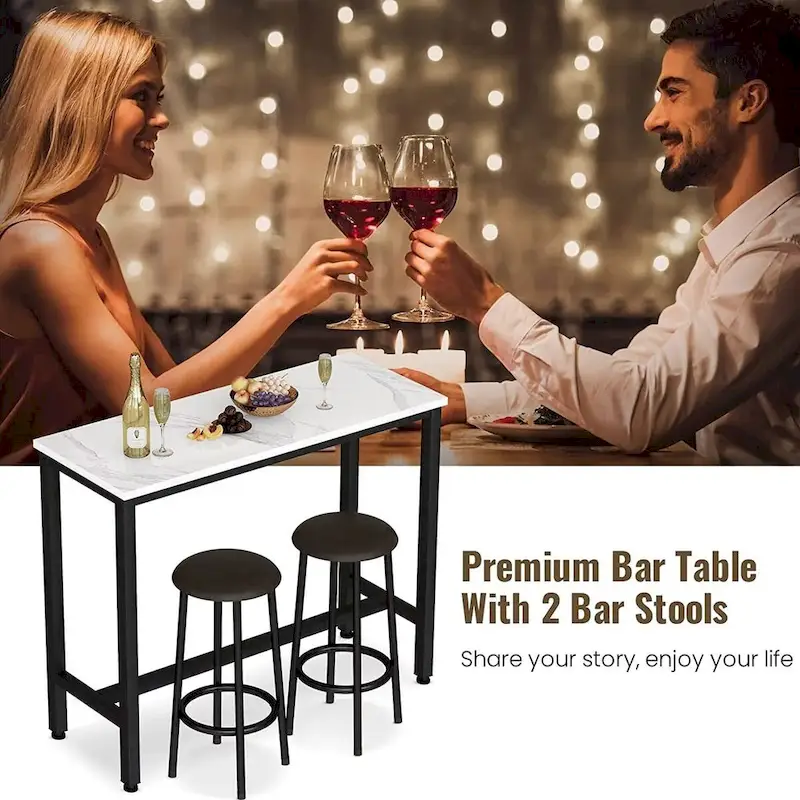 3 Piece Kitchen Pub Dining Set, Modern Faux Marble Counter Height Bistro Bar Table Set with 2 PU Leather Bar Stools