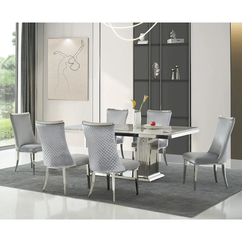 Velvet Dining Room Chairs with Reticulate Texture Back and Metal Trim Top