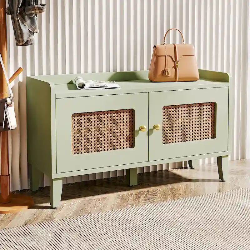 Wood 2-Tier Entryway Shoe Cabinet Bench with Doors for Living Room