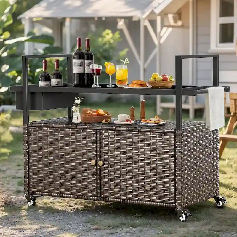 Outdoor Grill Cart Table with Wheels, Wicker Kitchen Island