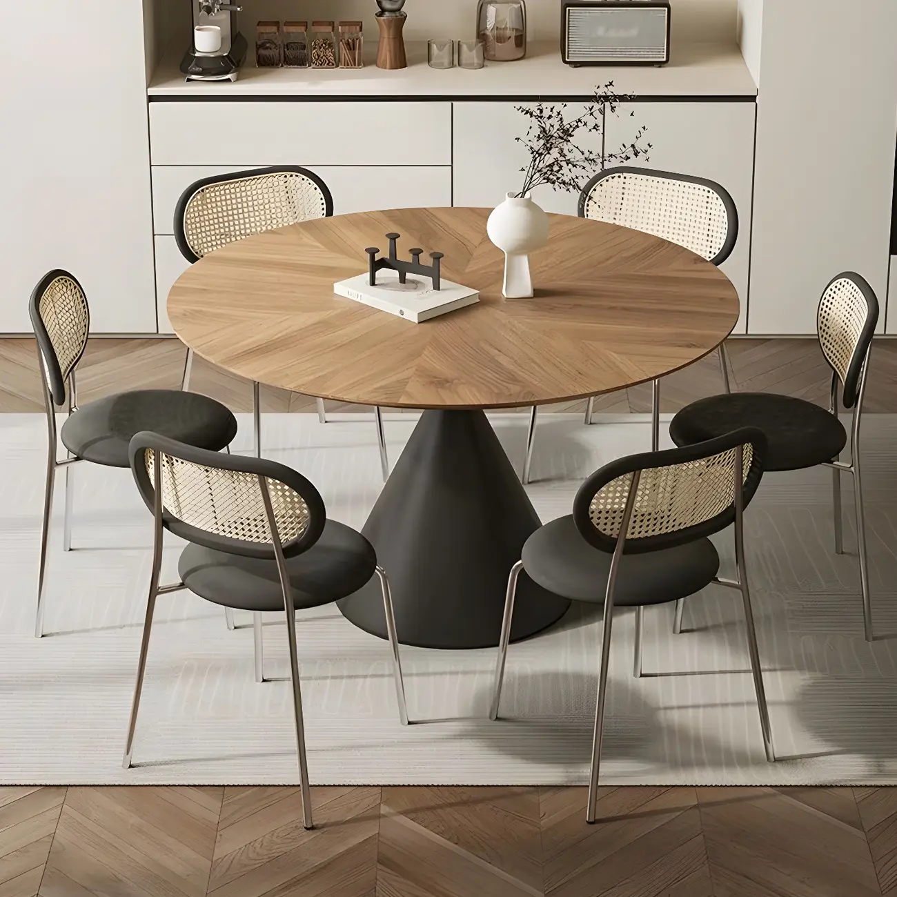 Brown Wood Round Dining Table with Black Metal Pedestal
