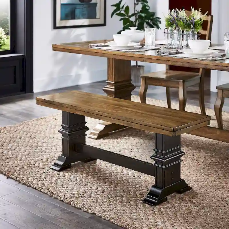 Two-Tone Trestle Leg Wood Dining Bench