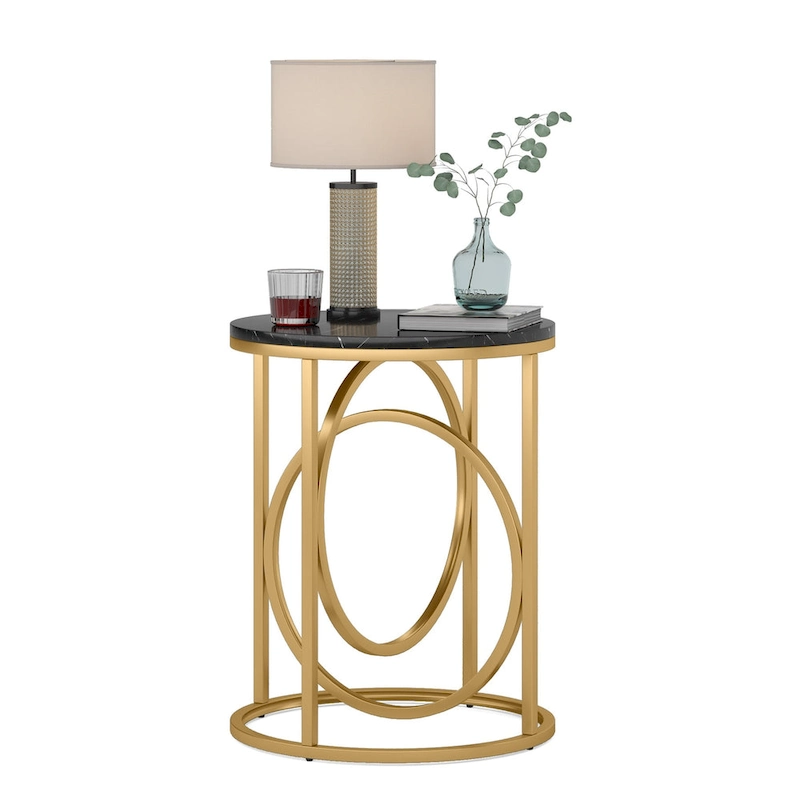 20 in. Marble White Round Wood End Table with Gold O-shaped Base
