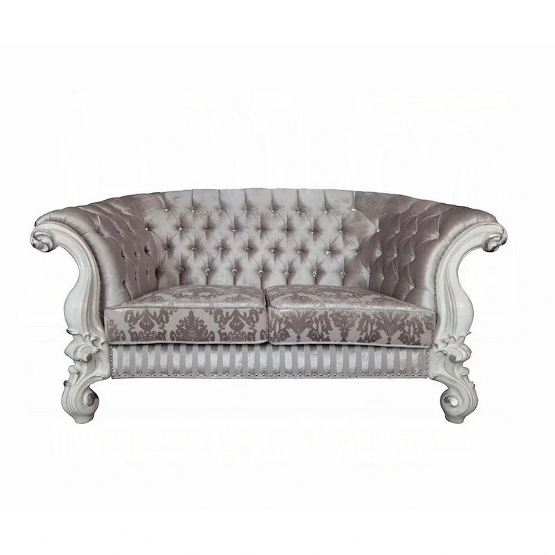 Kai Loveseat, 5 Pillows, Tufted Ivory Fabric, Scrolled, White, 76 Inch