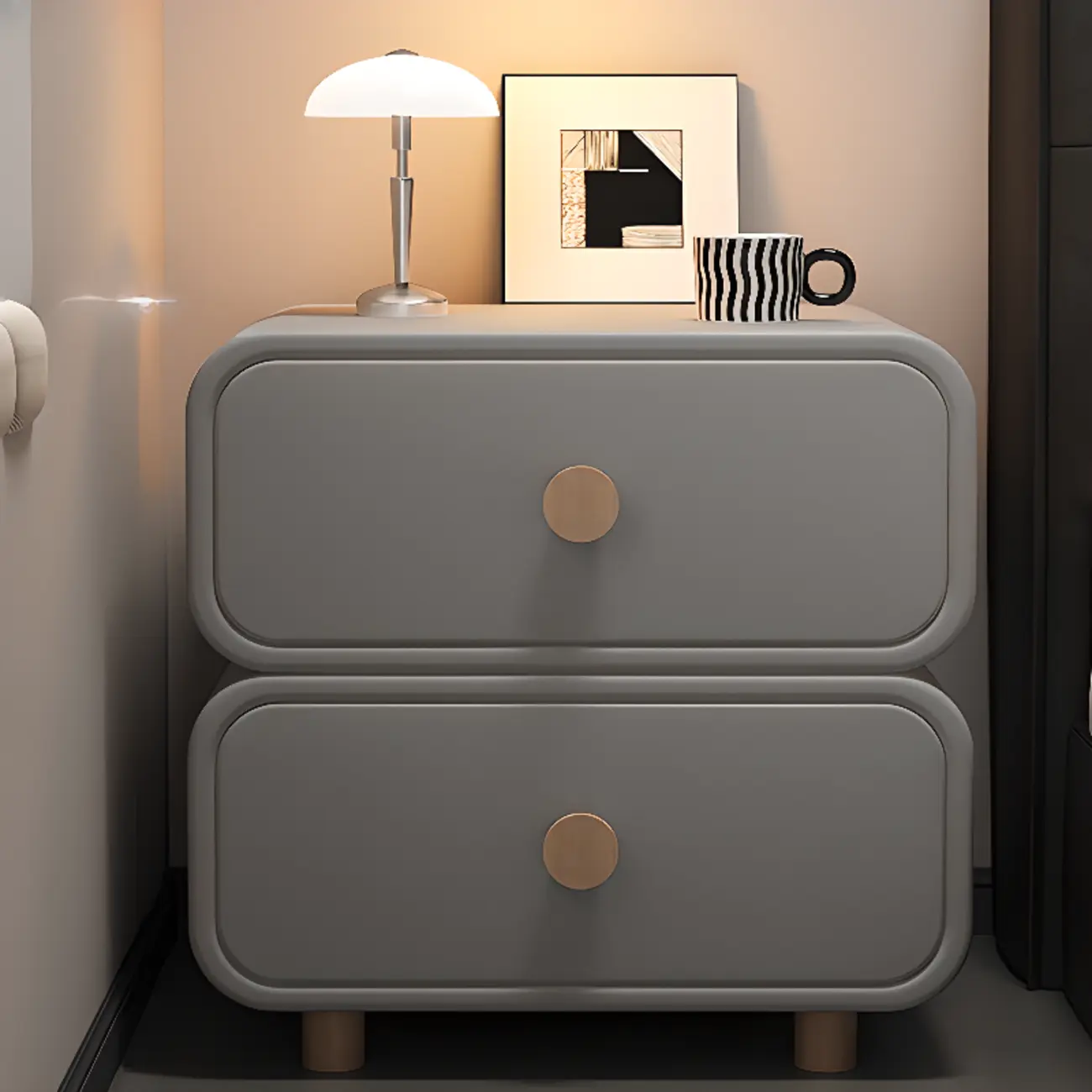 Solid Wood Leather-Top Black 2 Tiers Drawer Nightstand