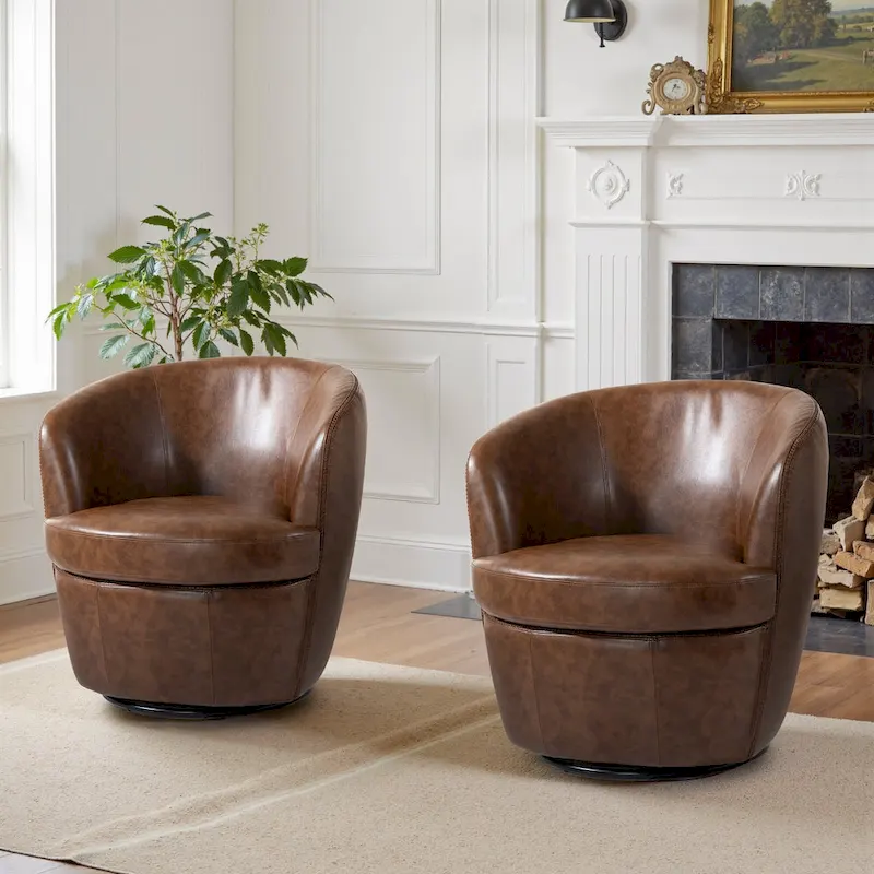 Modern Swivel Leather Accent Chair Upholstered Barrel Chair