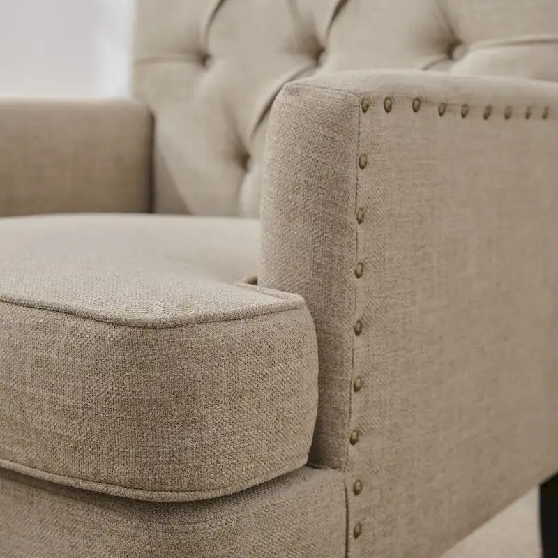 Set of 2 Arm Chair Upholstered Button Tufted Accent Chair with Lumbar Pillow Beige/ Grey/ Light Blue