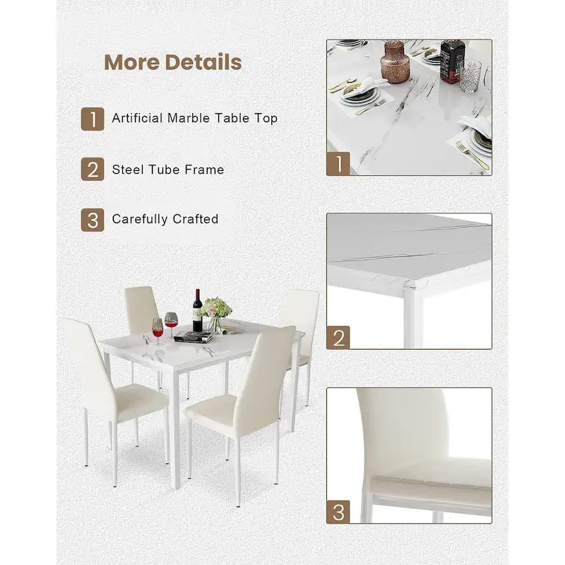 Mieres Modern Style 5-Piece Faux Marble Top Dining Table Set with 4 Faux Leather Upholstered Dining Chairs