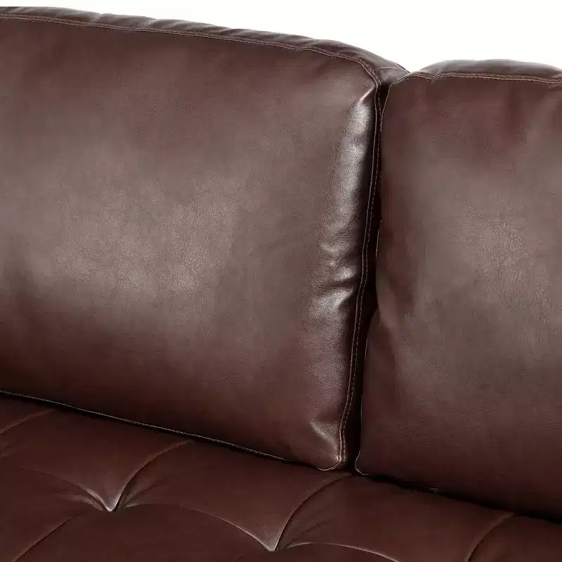 Whisen PU Leather 3-Seat Sofa, Mid-Century Modern Sofa Couch with Tufted Design, Solid Wood Legs, 2 Bolster Pillows