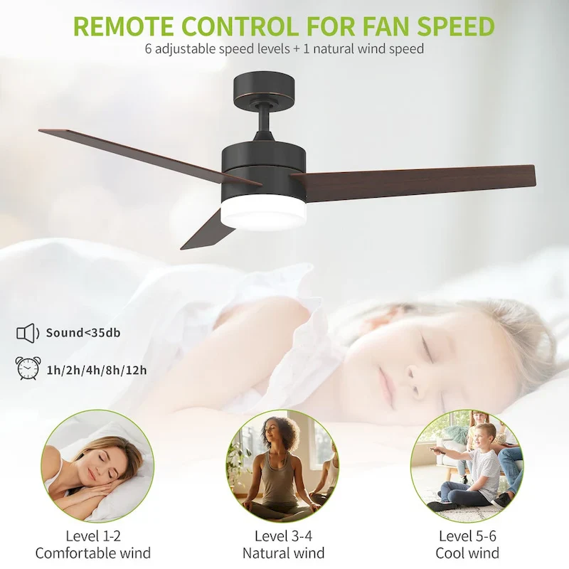 Modern Ceiling Fan with Adjustable LED Light and Remote Control, with 3 Blades - 52