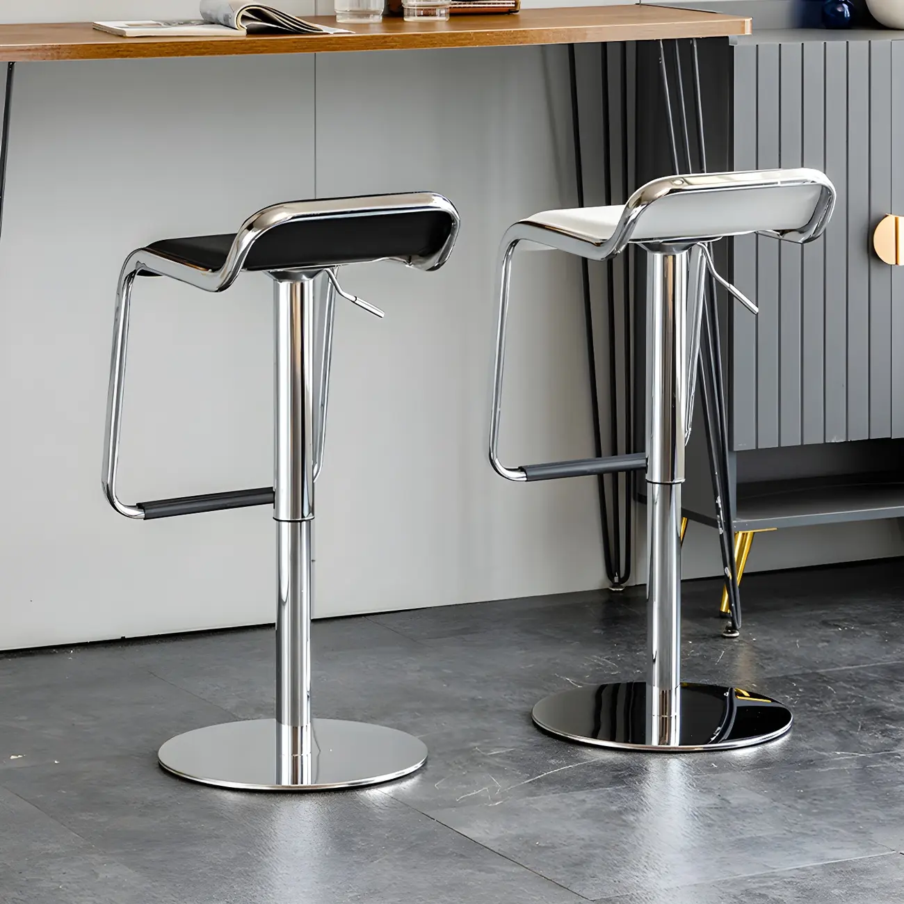 Modern Pedestal Swivel Bar Stool Adjustable Height Low Back Faux Leather