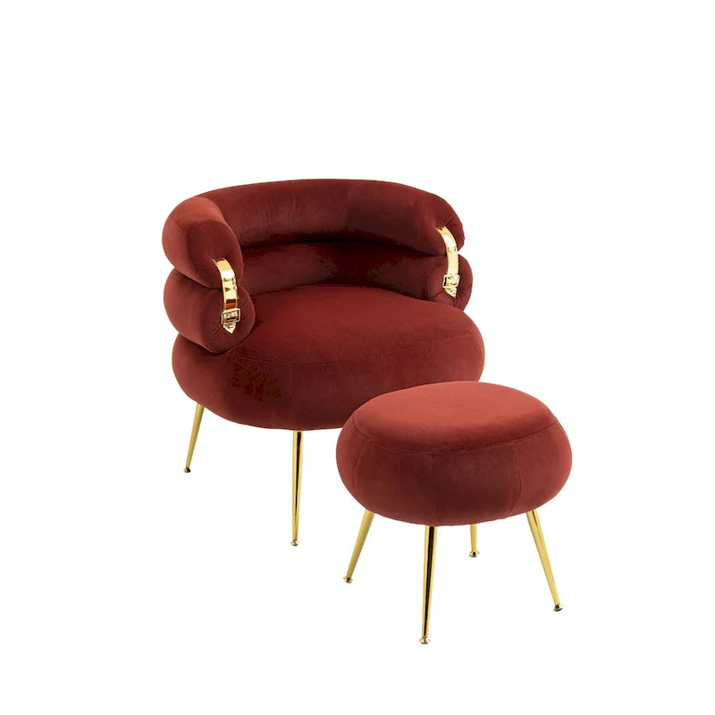 Wine Red Upholstered Barrel Chair with Ottoman and Metal Legs