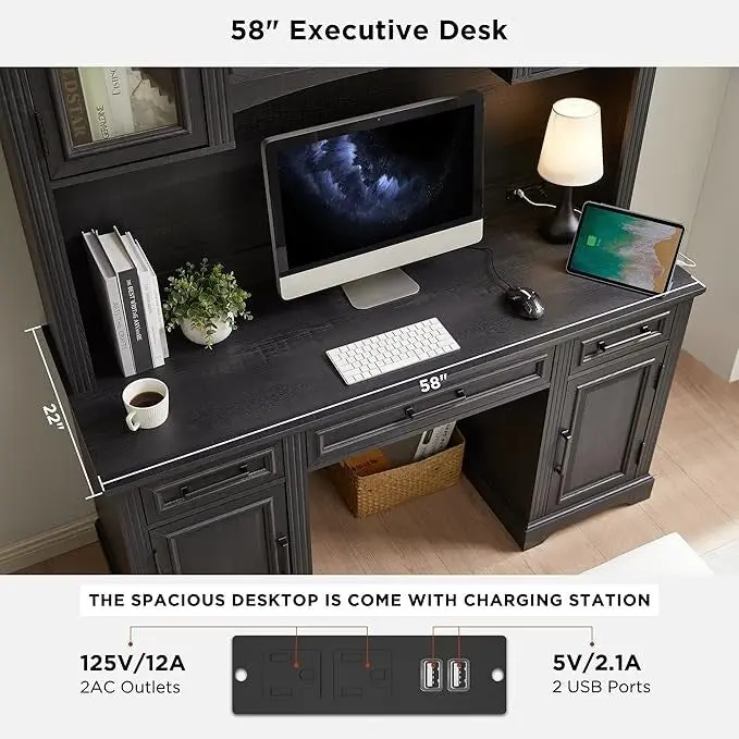 Farmhouse Computer Desk with Hutch,Office Desk with Charging Station